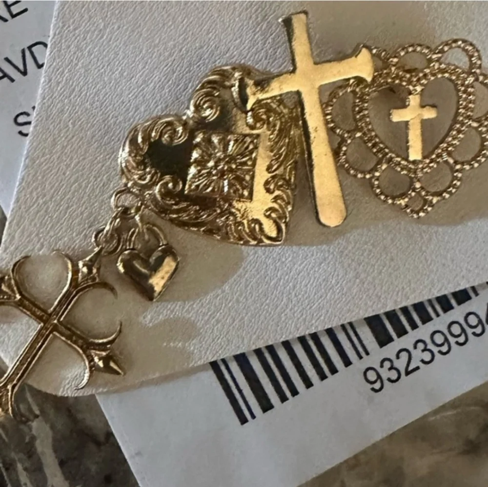 FREE PEOPLE Harmony Brooch Heart Cross Charms Gold Tone Pin NWT